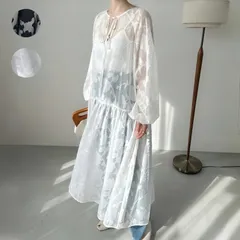 【新品未使用】フラワージャガードシアーリボンワンピース 刺繍ワンピース レディース ロング 花柄ワンピース  白 黒 ガウン 日焼け防止 重ね着 長袖 ホワイト 防止 熱中症対策 MAJESTIC LEGON Meiru