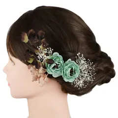 髪飾り 成人式 薔薇 緑 エメラルド グラデーション 振袖 前撮り 袴 花 ピンク 白 モスグリーン バラ カスミソウ 小さい 2点セ No.9-5456