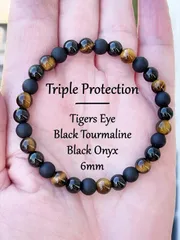 ジュエリー メンズ ブレスレット 6mm トリプル保護ブレスレット、タイガーアイ、ブラックオニキス&ブラックトルマリンビーズ、豊かさと繁栄のパワフルな瞑想ジュエリー、彼/彼女への贈り物