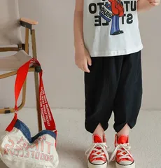 キッズパンツ（ブラック120サイズ/130サイズ）ボトムスこども子供服コットンリネン100