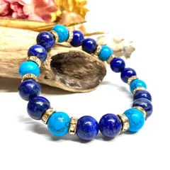 ラピスラズリ&ターコイズ パワーストーン ブレスレット (ゴールド) 10mm メンズ・レディース 成功 人間関係 ストレス お守り  ☆
