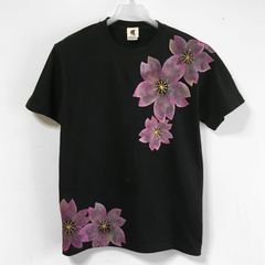 舞桜柄メンズ Tシャツ ブラック×桜色 手描きで描いた和風の桜柄Tシャツ