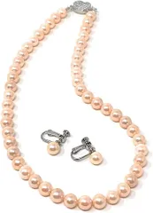 K&R パールネックレス 8mm珠 日本製 冠婚葬祭 結婚式 カジュアル 2点セット( 珊瑚色,  45Cm イヤリング)