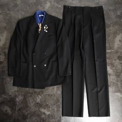 【JAPANESE VINTAGE】5点セット セレモニー ダブルスーツ セットアップ 上下 ブラック×ブルー 成人式 卒業式 結婚式（ヴィンテージピンズ＆シャツ＆ネクタイ おまけ）No.9