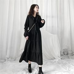 ロングワンピース シフォン体型カバー Aライン カジュアル 春秋長袖薄手レディース ゆったり LWDA030(S-2XL)