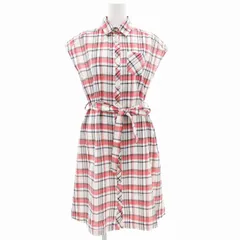 アンタイトル UNTITLED シャツワンピース ひざ丈 フレンチスリーブ チェック ベルトリボン リネン混 2 赤 レッド 白 ホワイト /GV ■F