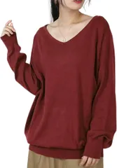 Four leaf Vネック ニット レディース セーター 長袖 コットン 綿 100 トップス 体型カバー ゆったり 無地 カジュアル きれいめ 上品 秋冬 春 洗える デイリー オフィス(バーガンディ,  XL)