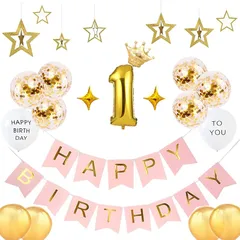 【新品】 誕生日 飾り付け VeoryFly ガーランド HAPPY BIRTHDAY バルーン 風船 セット バースデー 飾り パーティー 装飾 男の子 女の子 王冠 お洒落 かわいい かざりつけ 一歳 お祝い ゴールデン (ゴールド &ピンク, 1歳) 1