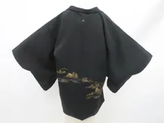 【一輝堂】黒羽織 羽織 縫い紋 風景 金糸 仕付け付 羽織紐別売り 正絹 着物 身丈約78.5cm 裄丈約63.5cm 25z10-5920
