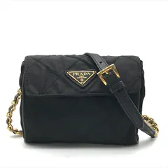 良品 PRADA プラダ 三角ロゴ プレート キルティング ナイロン レザー チェーン ウエスト ポーチ バッグ ブラック レディース k5668