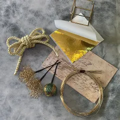 ゴールドグリーン髪飾り　水引　金箔　お花　ヘッドパーツ6点セット　卒業式　成人式