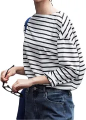 グリーンパキラ オフィスカジュアル レディース トップス カットソー ボーダー 長袖 レディーストップス ボーダーtシャツ プルオーバー ボートネック 女性 ファッション 服 ドロップショルダー 通勤 普段着 重ね着(白x黒ボーダー,  L)