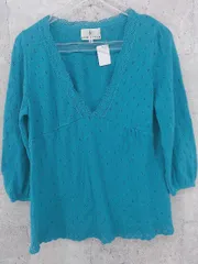 ◇ Kumikyoku 組曲 コットン 七分袖 Vネック セーター 2 ブルー *  【1002799052191】