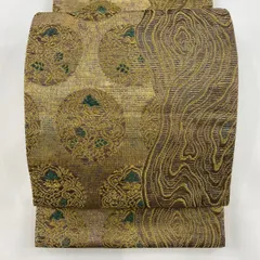 袋帯 秀品 花唐草 幾何学 金糸 金彩 茶緑色 六通 正絹 【中古】