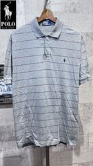 美品 ポロラルフローレン 正規品 細ボーダー ポロシャツ LL メンズ グレー POLO RALPHLAUREN 天竺コットン