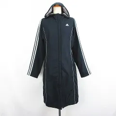 アディダス adidas ベンチコート アウター 長袖 フード ジップアップ ロング丈 ライン ロゴ 中綿 L ネイビー スポーツウェア ※EKM