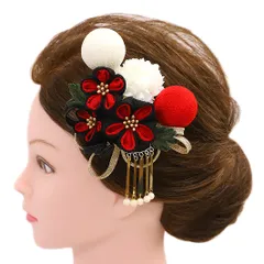 髪飾り 成人式 振袖 浴衣 卒業式 袴 結婚式 2点セット 赤 白 黒 花 和 洋 かんざし 手作り ビラ簪 つまみ細工 ちりめんフォーマル 花飾り 玉飾り ブライダル W 68 304-260 赤 白 黒 p780　Si