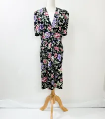 花柄 フラワープリント 総柄 フラワープリント 半袖 膝下丈 レース カシュクール ワンピース  70s 70年代 80s 80年代 ヴィンテージ ビンテージ レトロ TALONジップ ロケットタロン ブラック レディース 【S12-402b】