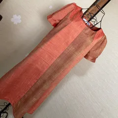 2種類の紬のお着物からリメイク　Aラインパフスリーブの膝丈ワンピース