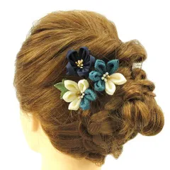 髪飾り 成人式 つまみ細工 振袖 前撮り 袴 花 豪華3点セット 青緑色 紺色 ちりめん ヘアアクセ かんざし ヘッドドレス 卒業式 No.9-4668