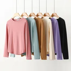 Tシャツ レディース インナーシャツ 長袖 微起毛 クルーネック インナー カットソー 厚手 暖か 防寒 トップス スリム 無地 秋 冬 通勤 通学 シンプル カジュアル ファッション qdfs575