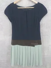 ◇ QUEENS COURT クイーンズコート 切替 半袖 膝丈 ワンピース サイズ2 ネイビー ブラウン ライトグリーン レディース 【中古】 【1002800994625】