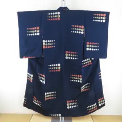 御召 アンティークレトロ 水玉模様 紺色ｘ赤色 正絹 袷 バチ衿 カジュアル 紅絹 お召着物 仕立て上がり リサイクル 身丈152cm