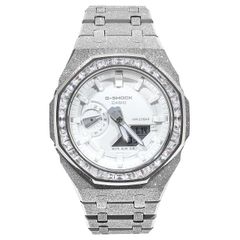 G-SHOCK GA2100 フロステッド シルバー カスタム ホワイト文字盤 バゲッドカットCZ（ジルコニア）カシオーク ステンレス製