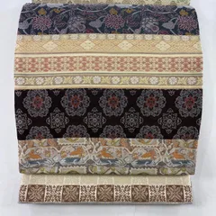 袋帯 美品 名品 段縞 花唐草 箔 茶色 六通 正絹 【中古】