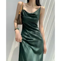 25年新作｜シンプルなサテンキャミドレス ゴールドチェーン付き 結婚式 パーティーー向け｜サテン｜結婚式 二次会 お呼ばれ パーティー｜ドレス｜高見え｜美シルエット｜着痩せ｜体型カバー｜上品｜華やか｜エレガント