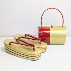 和装 草履 バッグ セット エナメル 金 赤 ゴールド フリーサイズ/LLサイズ w55-1