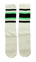 SkaterSocks ロングソックス 靴下 男女兼用 ソックス スケート スケボー チューブソックス Mid calf White tube socks with Black-Neon Green stripes style 4 (19インチ) SKATE