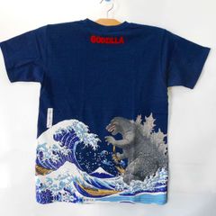 ゴジラ　プリント　Tシャツ　紺　Godzilla's printed T-shirt