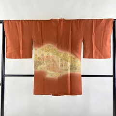 道行 身丈88cm 裄丈65cm M 和装コート 角衿 草花 七宝 刺繍 ぼかし 茜色 正絹 美品 秀品 【中古】