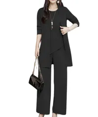 [Dep Club] 品良く大人カジュアルに パンツスーツ レディース セットアップ かっこいい ワイドパンツ スーツ ママコーデ スーツパンツ きれいめ ゆったり 大きい 大きいサイズ 3点セット (JP, アルファベット, M, ブラ [ブラック] [M]