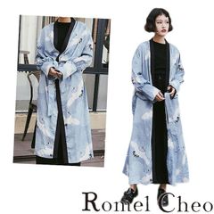 RomelCheo 水色鶴柄カーディガン 羽織り ロング丈 ゆったり 長袖 和柄 和風 ジャケット ライトアウター 総柄 コーディガン 日焼け対策 冷房対策 秋口 モード系 和装 浴衣 法被 ガウン レディース 原宿系 ストリート ロメルチェオ