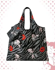 Betty Boop　ベティちゃん　エコバッグ　収納ポーチ付き　グレー　ゼブラ柄　ベティブープ　パジー　犬　唇柄　買い物バッグ　買い物袋　トートバッグ　マイバック　折りたたみバッグ　可愛い　アメコミ　キャラクター　平成　レトロ　ギフト　プレゼント　海外雑貨のサムネイル