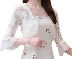 toasoa トーアソーア ボレロ レディース フォーマル 結婚式 レース フリル カーディガン 七分袖(ホワイト,  XL)