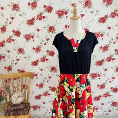 フランス製 花柄ワンピース コットン100％ 黒×赤 昭和レトロ ヴィンテージ フレアスカート サイドファスナー レトロフラワー