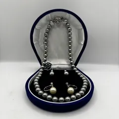 □【セゾングループ購入】 SILVER黒系 真珠ネックレス ＆ イヤリング