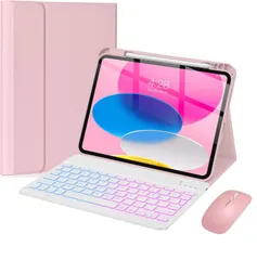 新品 マウス付き iPad 10.2インチ 第9/8/7世代 キーボードケース 7色バックライト付き Air3 Pro10.5 キーボード カバー 上側 ペンホルダー付き マグネット 分離式 おしゃれ，ピンク+白