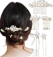 Herbeluemily(ハベルミリィ) 髪飾り ヘッドドレス ヘアアクセサリー ヘアピン パール 5点セット ウェディング 結婚式(パールxゴールド)