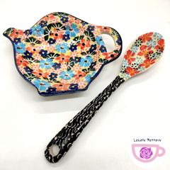 専用商品　ティーポット型のトレイとスプーンのセット　ポーランド食器　陶器製　Cer-raf社　オーブン/電子レンジ/食洗機