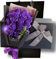 Capiner ソープフラワー 結婚記念日 薔薇 花束 プレゼント ギフト 造花 誕生日 還暦 母の日 父の日 メッセージカード ショップバッグ付 18本( パープル)