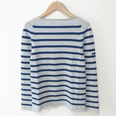 美品 YURI PARK ユリパーク ボーダー カシミヤ100％ バックリボン ボートネック ニット プルオーバー セーター ブルー×グレー レディース 古着 中古 USED