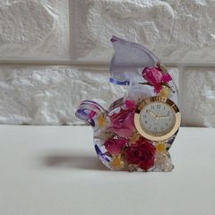 薔薇ねこさんの置時計(パープルにピンクの薔薇)