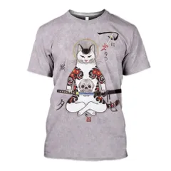 武士 猫 和柄 3Dプリント Tシャツ メンズ Mサイズ 半袖 レトロ 浮世絵風 トップス31513P_3