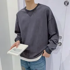 重ね着風 Tシャツ 長袖 レイヤード メンズ 無地 肩落ち ルーズ クルーネック ドロップショルダー ゆったり ビッグシルエット メンズTシャツ ロングTシャツ 春秋 無地 新作 通勤 通学 yemi35