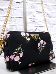 美品✨ プラダ 三角ロゴ ハンドバッグ ミニ 花柄 フラワー ナイロン 黒 PRADA プラダ フラワー 三角ロゴ 花柄 ハンドバッグ ナイロン