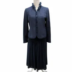 レリアン Leilian FERLA生地 セットアップ ツイードジャケット ラメ グリッター 切替 フリル シフォン プリーツスカート ロング 11 約L 紺 ネイビー 0816